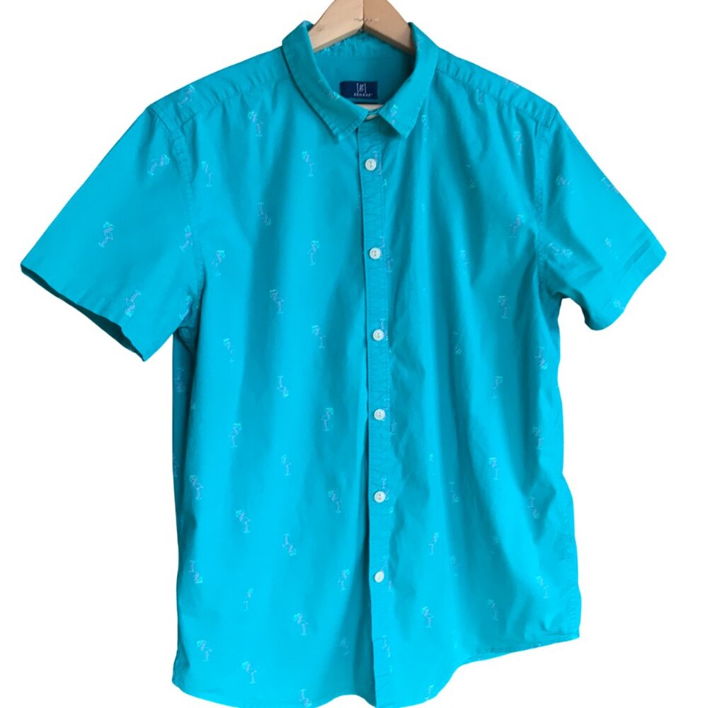 George Slim Fit Short-Sleeved Shirt, Teal w/ Flamingo Print Men's Size Large
